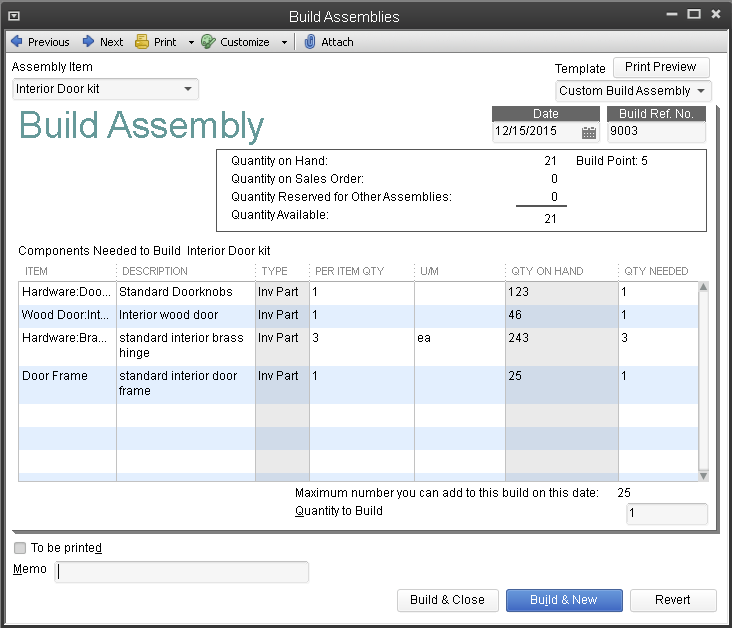 QuickBooks change assembly components