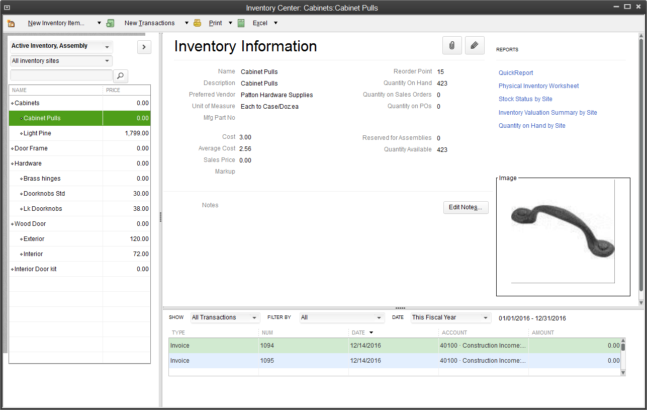 QuickBooks inventory center