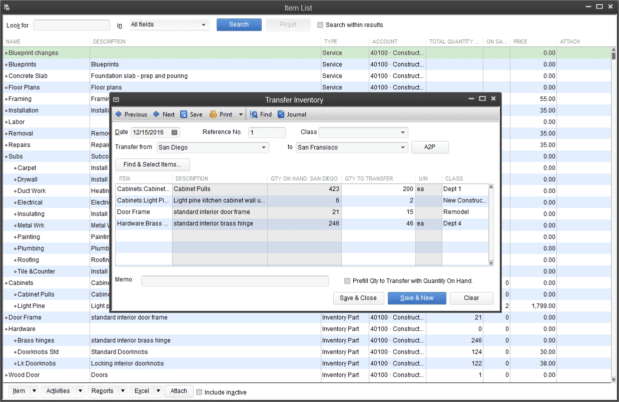 QuickBooks transfer inventory