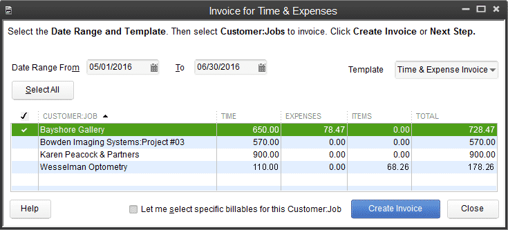 QuickBooks batch invoicing time expenses